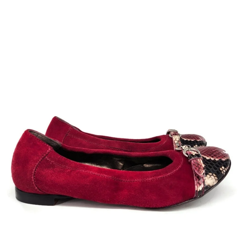 Attilio Giusti Leombruni Monika Dark Red Suede Snake Print Cap Toe Ballet Flats